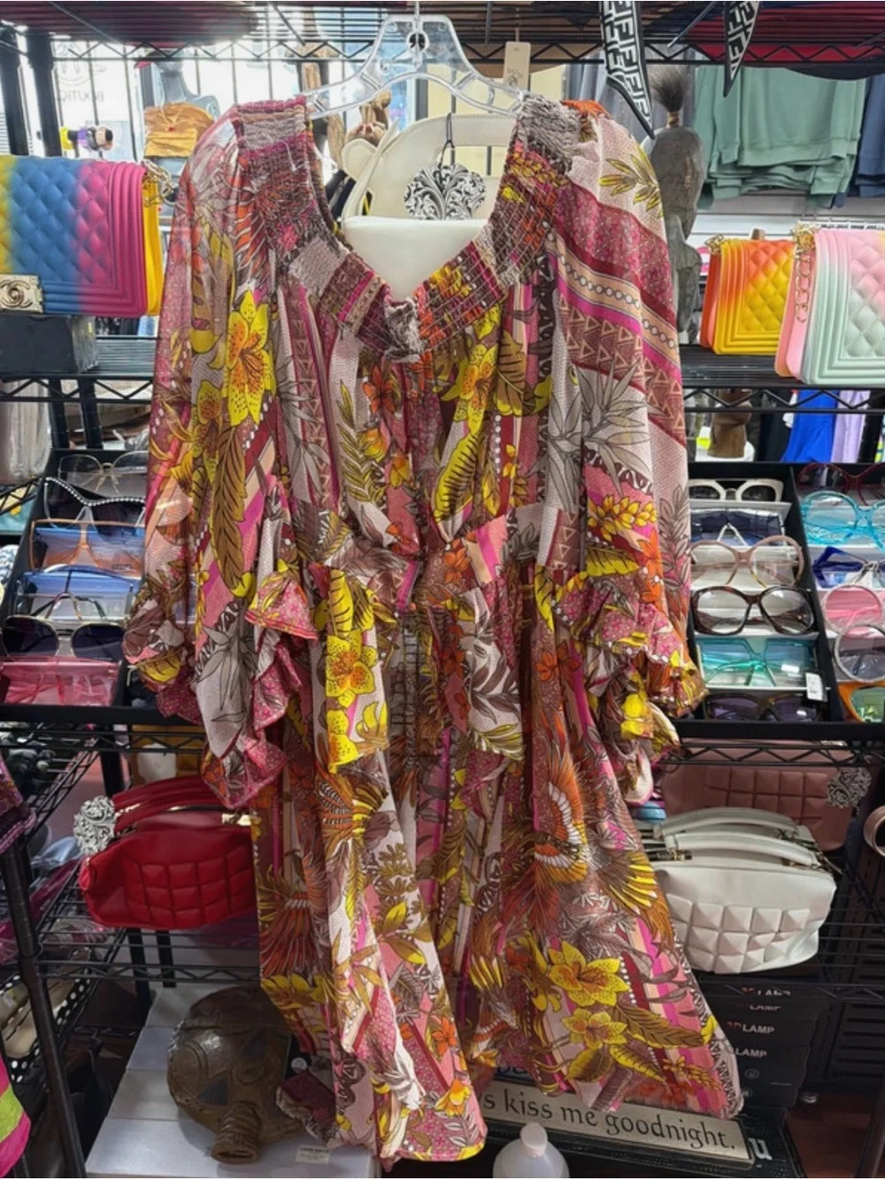 Ashley Stewart Pink Floral Boho Tunic with Yellow Accents